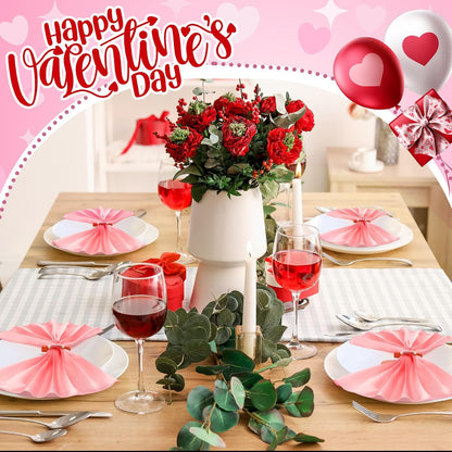 8 Sets Valentine's Day Cloth Napkins and Heart Rings, Wooden Red Pink Napkins Rings Holders for Valentine's Day Wedding Anniversary Dinner Party Table Decoration