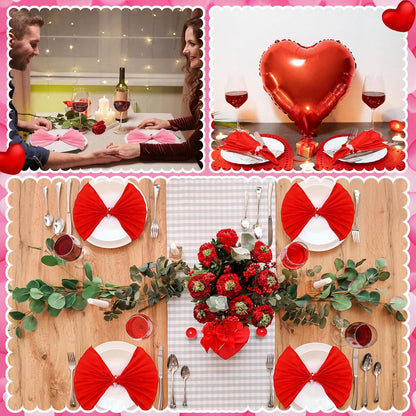 8 Sets Valentine's Day Cloth Napkins and Heart Rings, Wooden Red Pink Napkins Rings Holders for Valentine's Day Wedding Anniversary Dinner Party Table Decoration