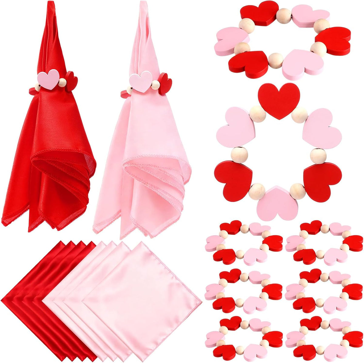 8 Sets Valentine's Day Cloth Napkins and Heart Rings, Wooden Red Pink Napkins Rings Holders for Valentine's Day Wedding Anniversary Dinner Party Table Decoration