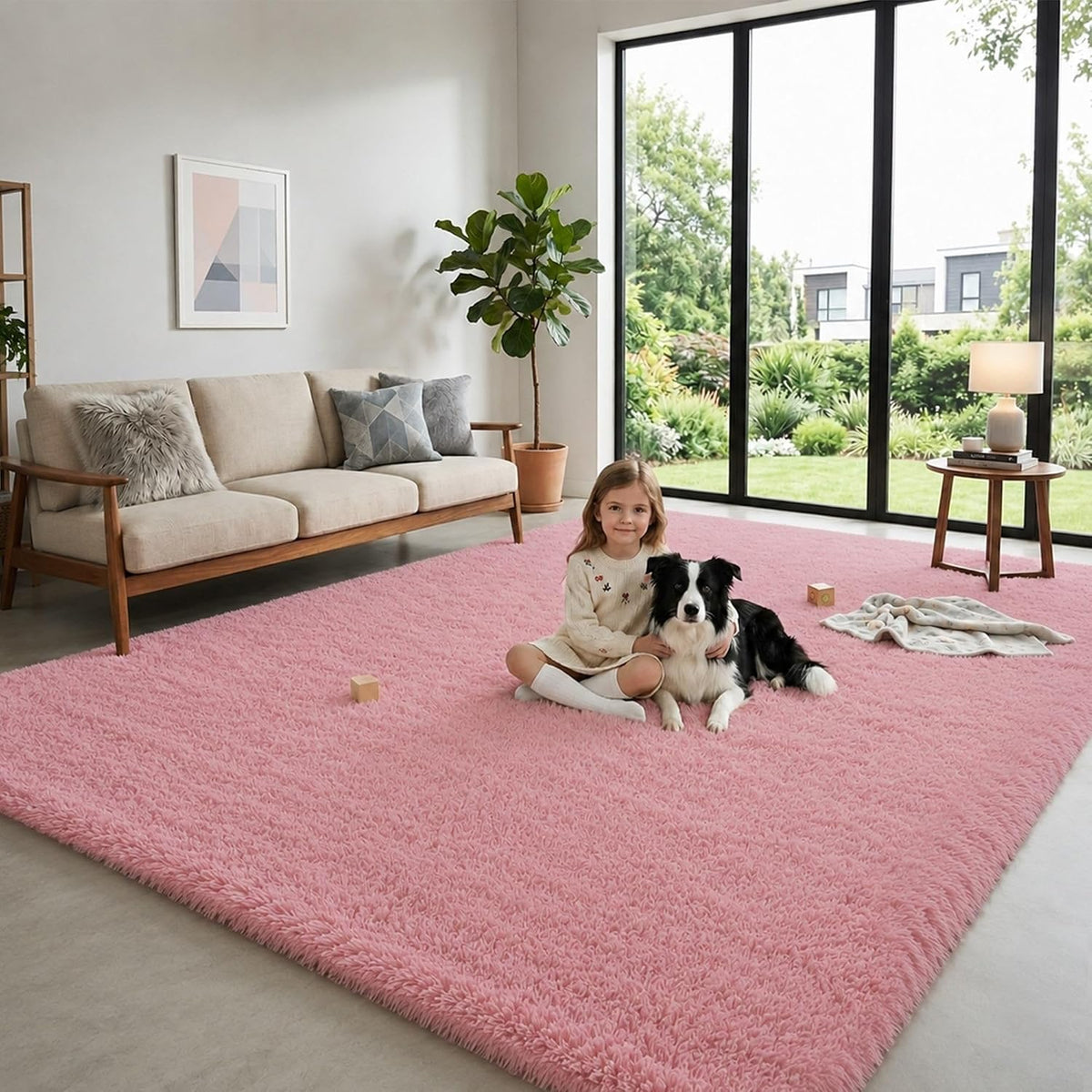 6x9 Ft Blush Pink Fluffy Area Rug for Living Room, Washable