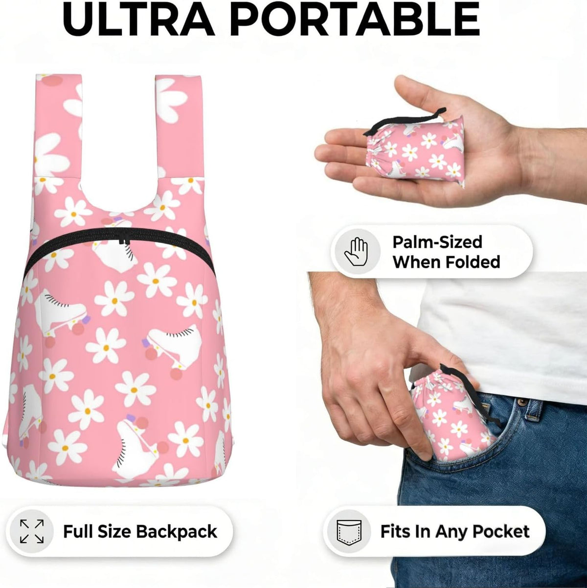 16L Pink Roller Skates Floral Girl Skater Hiking Daypack for Men Women Lightweight Packable Backpack for Travel Camping Outdoor