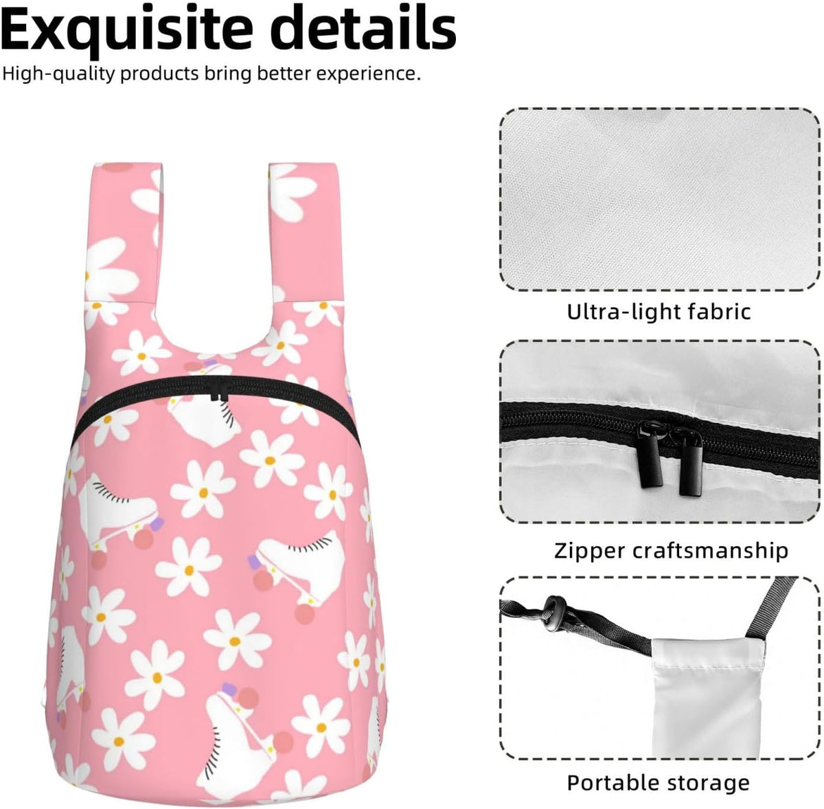 16L Pink Roller Skates Floral Girl Skater Hiking Daypack for Men Women Lightweight Packable Backpack for Travel Camping Outdoor
