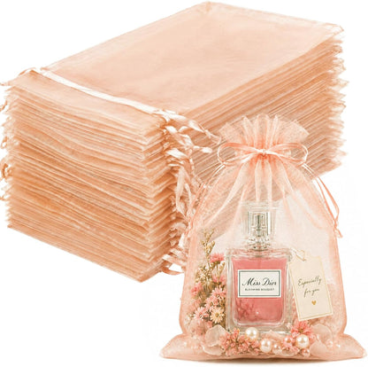 100PCS Peach Champagne Sheer Organza Bags for Candy 4"x6" | Little Mesh Gift Bags with Drawstring, Small Jewelry Bags Party Favors, Mini Drawstring Pouch for Wedding Favors, Holidays