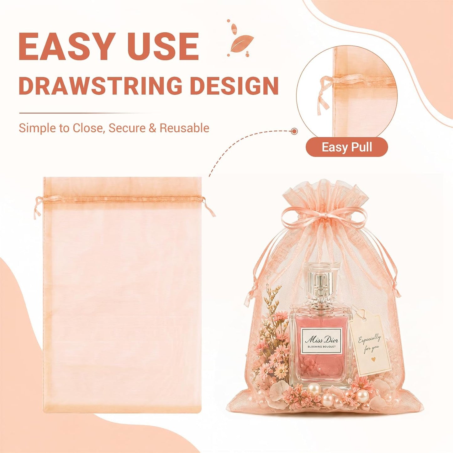 100PCS Peach Champagne Sheer Organza Bags for Candy 4"x6" | Little Mesh Gift Bags with Drawstring, Small Jewelry Bags Party Favors, Mini Drawstring Pouch for Wedding Favors, Holidays