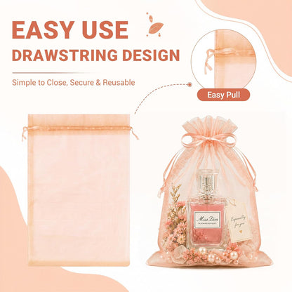 100PCS Peach Champagne Sheer Organza Bags for Candy 4"x6" | Little Mesh Gift Bags with Drawstring, Small Jewelry Bags Party Favors, Mini Drawstring Pouch for Wedding Favors, Holidays