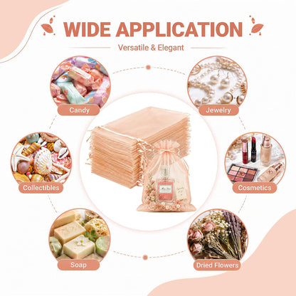 100PCS Peach Champagne Sheer Organza Bags for Candy 4"x6" | Little Mesh Gift Bags with Drawstring, Small Jewelry Bags Party Favors, Mini Drawstring Pouch for Wedding Favors, Holidays
