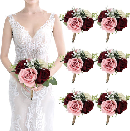 Set of 6 Artificial Bridesmaids Bouquets for Wedding -7 Inch Bridesmaid Bouquet Blush & Burgundy Silk Rose Pre-made Small Wedding Flowers for Bridal Shower Centerpieces Ceremony & Anniversary