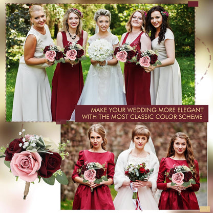 Set of 6 Artificial Bridesmaids Bouquets for Wedding -7 Inch Bridesmaid Bouquet Blush & Burgundy Silk Rose Pre-made Small Wedding Flowers for Bridal Shower Centerpieces Ceremony & Anniversary