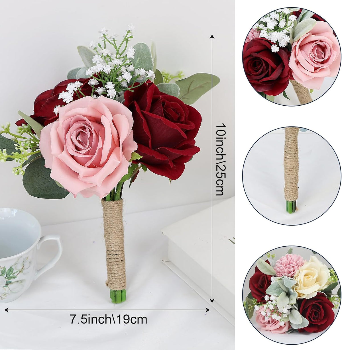 Set of 6 Artificial Bridesmaids Bouquets for Wedding -7 Inch Bridesmaid Bouquet Blush & Burgundy Silk Rose Pre-made Small Wedding Flowers for Bridal Shower Centerpieces Ceremony & Anniversary
