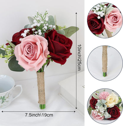 Set of 6 Artificial Bridesmaids Bouquets for Wedding -7 Inch Bridesmaid Bouquet Blush & Burgundy Silk Rose Pre-made Small Wedding Flowers for Bridal Shower Centerpieces Ceremony & Anniversary