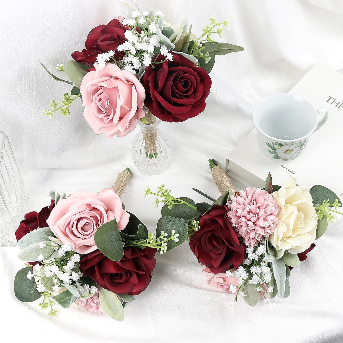 Set of 6 Artificial Bridesmaids Bouquets for Wedding -7 Inch Bridesmaid Bouquet Blush & Burgundy Silk Rose Pre-made Small Wedding Flowers for Bridal Shower Centerpieces Ceremony & Anniversary