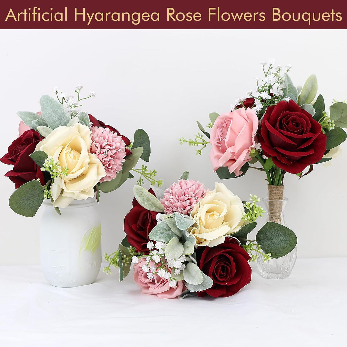 Set of 6 Artificial Bridesmaids Bouquets for Wedding -7 Inch Bridesmaid Bouquet Blush & Burgundy Silk Rose Pre-made Small Wedding Flowers for Bridal Shower Centerpieces Ceremony & Anniversary
