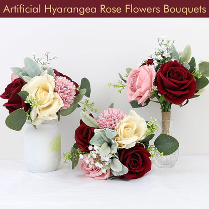 Set of 6 Artificial Bridesmaids Bouquets for Wedding -7 Inch Bridesmaid Bouquet Blush & Burgundy Silk Rose Pre-made Small Wedding Flowers for Bridal Shower Centerpieces Ceremony & Anniversary