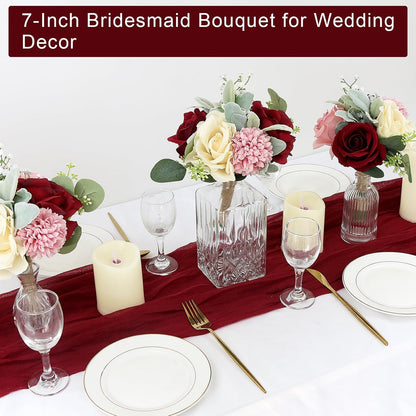 Set of 6 Artificial Bridesmaids Bouquets for Wedding -7 Inch Bridesmaid Bouquet Blush & Burgundy Silk Rose Pre-made Small Wedding Flowers for Bridal Shower Centerpieces Ceremony & Anniversary