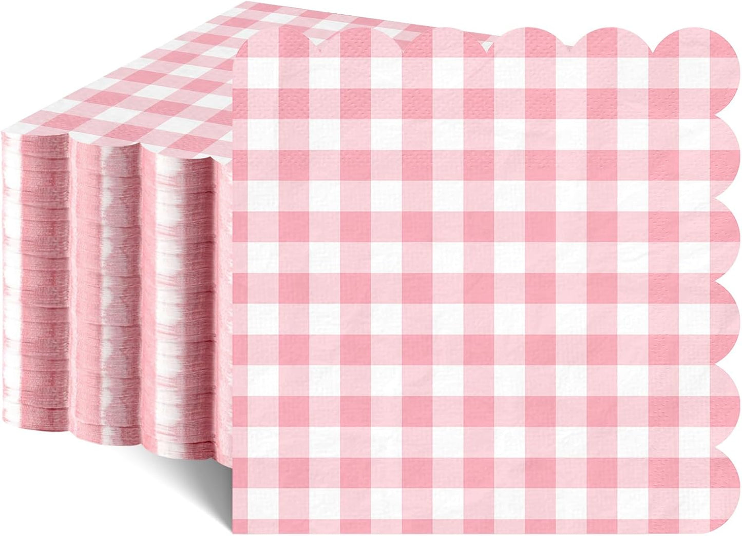80 Pcs Pink Gingham Paper Napkins 6.5 Inch Pink and White Paper Napkins Disposable Scalloped Napkin for Baby & Bridal Shower, Wedding, Birthday, Picnic