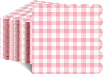 80 Pcs Pink Gingham Paper Napkins 6.5 Inch Pink and White Paper Napkins Disposable Scalloped Napkin for Baby & Bridal Shower, Wedding, Birthday, Picnic