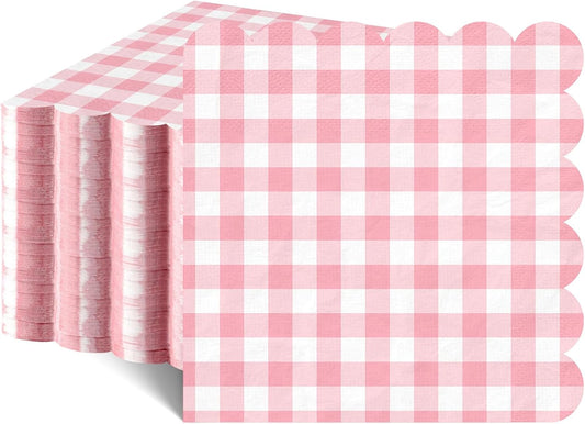 80 Pcs Pink Gingham Paper Napkins 6.5 Inch Pink and White Paper Napkins Disposable Scalloped Napkin for Baby & Bridal Shower, Wedding, Birthday, Picnic