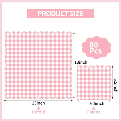 80 Pcs Pink Gingham Paper Napkins 6.5 Inch Pink and White Paper Napkins Disposable Scalloped Napkin for Baby & Bridal Shower, Wedding, Birthday, Picnic