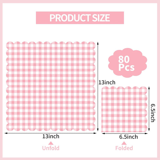 80 Pcs Pink Gingham Paper Napkins 6.5 Inch Pink and White Paper Napkins Disposable Scalloped Napkin for Baby & Bridal Shower, Wedding, Birthday, Picnic