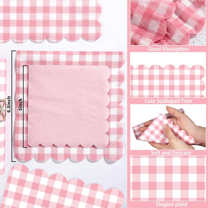 80 Pcs Pink Gingham Paper Napkins 6.5 Inch Pink and White Paper Napkins Disposable Scalloped Napkin for Baby & Bridal Shower, Wedding, Birthday, Picnic