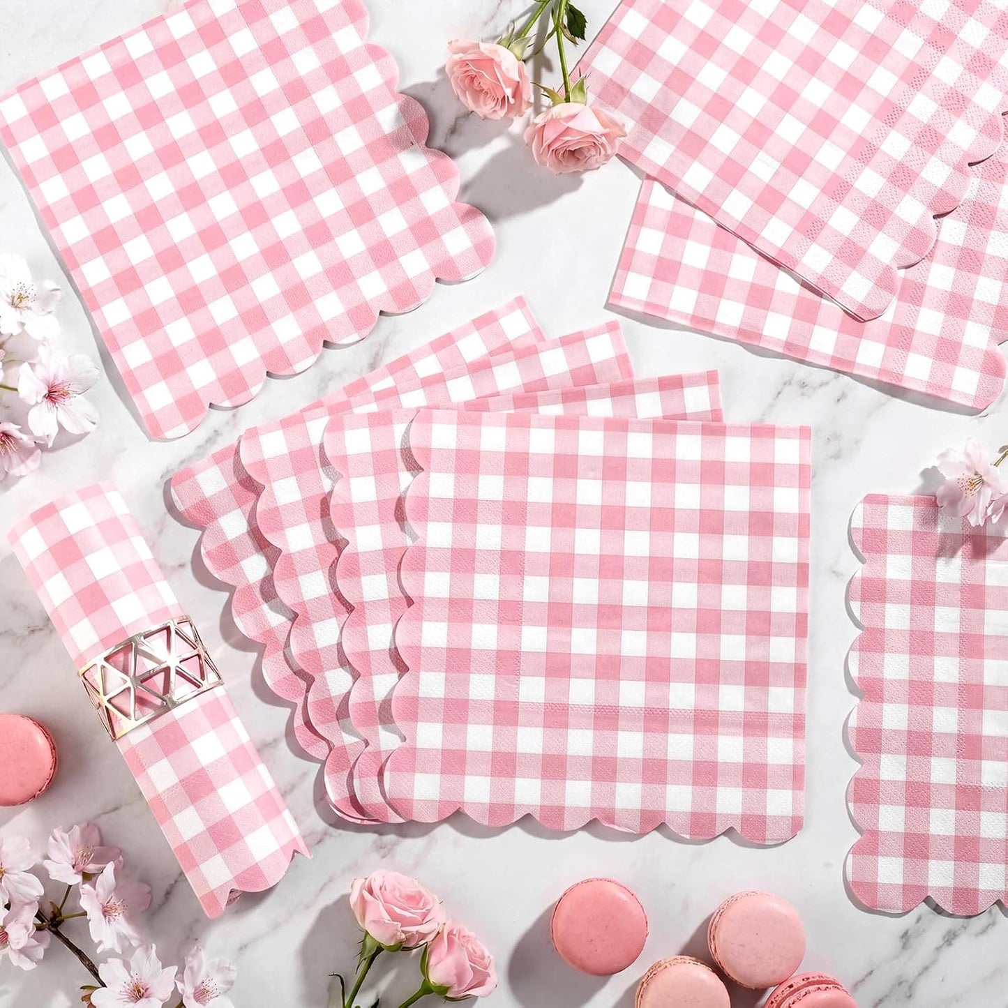 80 Pcs Pink Gingham Paper Napkins 6.5 Inch Pink and White Paper Napkins Disposable Scalloped Napkin for Baby & Bridal Shower, Wedding, Birthday, Picnic