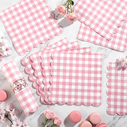 80 Pcs Pink Gingham Paper Napkins 6.5 Inch Pink and White Paper Napkins Disposable Scalloped Napkin for Baby & Bridal Shower, Wedding, Birthday, Picnic