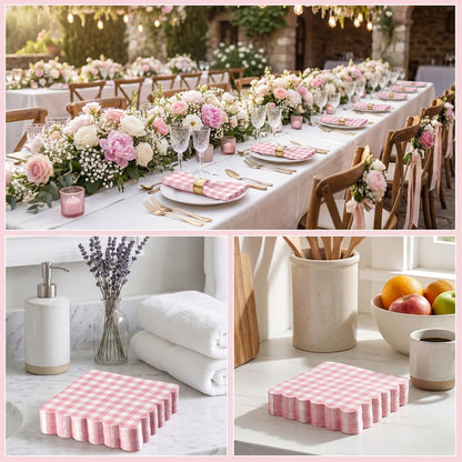 80 Pcs Pink Gingham Paper Napkins 6.5 Inch Pink and White Paper Napkins Disposable Scalloped Napkin for Baby & Bridal Shower, Wedding, Birthday, Picnic