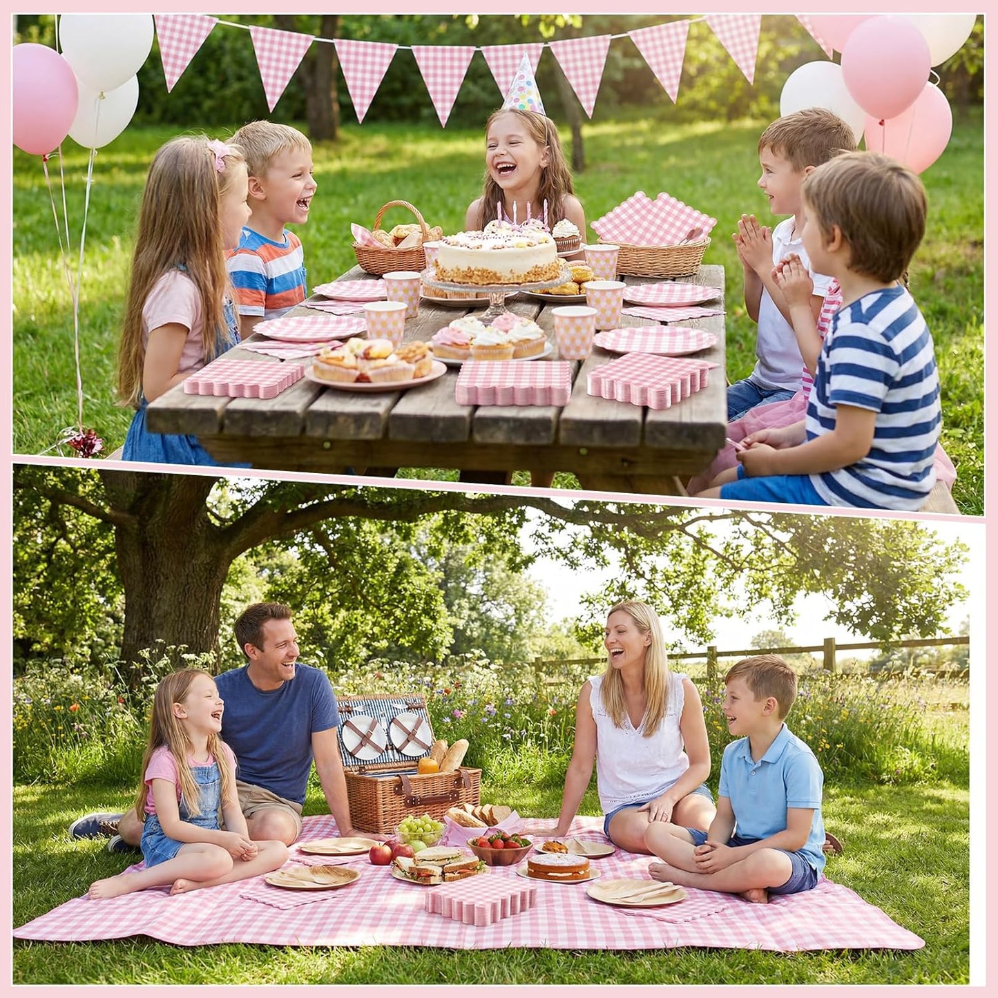 80 Pcs Pink Gingham Paper Napkins 6.5 Inch Pink and White Paper Napkins Disposable Scalloped Napkin for Baby & Bridal Shower, Wedding, Birthday, Picnic