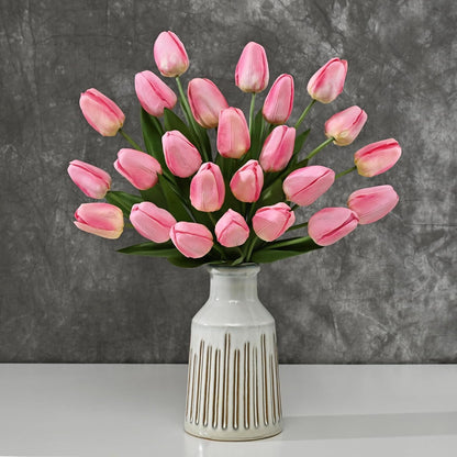 12-Pack Pink Tulips Artificial Flowers, Real Touch Latex Faux Tulips with Large Full Buds, Lifelike Vibrant Fake Tulips Bouquet for Spring Wedding Home Décor, Table & Party Centerpiece