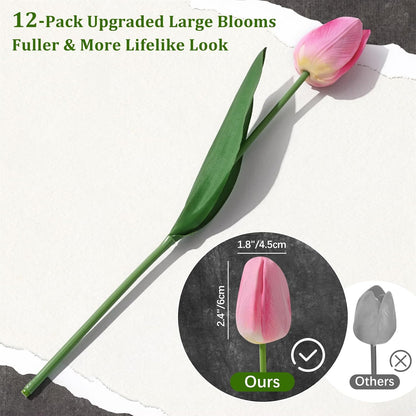 12-Pack Pink Tulips Artificial Flowers, Real Touch Latex Faux Tulips with Large Full Buds, Lifelike Vibrant Fake Tulips Bouquet for Spring Wedding Home Décor, Table & Party Centerpiece