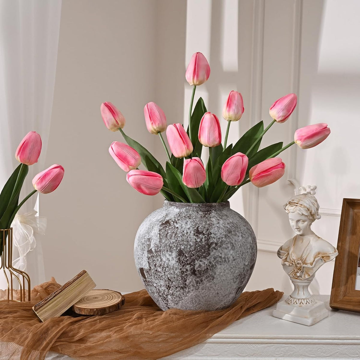 12-Pack Pink Tulips Artificial Flowers, Real Touch Latex Faux Tulips with Large Full Buds, Lifelike Vibrant Fake Tulips Bouquet for Spring Wedding Home Décor, Table & Party Centerpiece