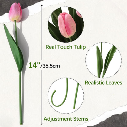 12-Pack Pink Tulips Artificial Flowers, Real Touch Latex Faux Tulips with Large Full Buds, Lifelike Vibrant Fake Tulips Bouquet for Spring Wedding Home Décor, Table & Party Centerpiece