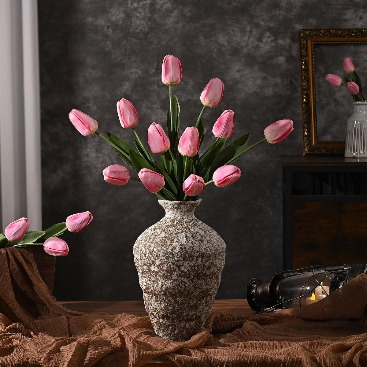12-Pack Pink Tulips Artificial Flowers, Real Touch Latex Faux Tulips with Large Full Buds, Lifelike Vibrant Fake Tulips Bouquet for Spring Wedding Home Décor, Table & Party Centerpiece