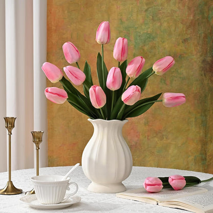 12-Pack Pink Tulips Artificial Flowers, Real Touch Latex Faux Tulips with Large Full Buds, Lifelike Vibrant Fake Tulips Bouquet for Spring Wedding Home Décor, Table & Party Centerpiece