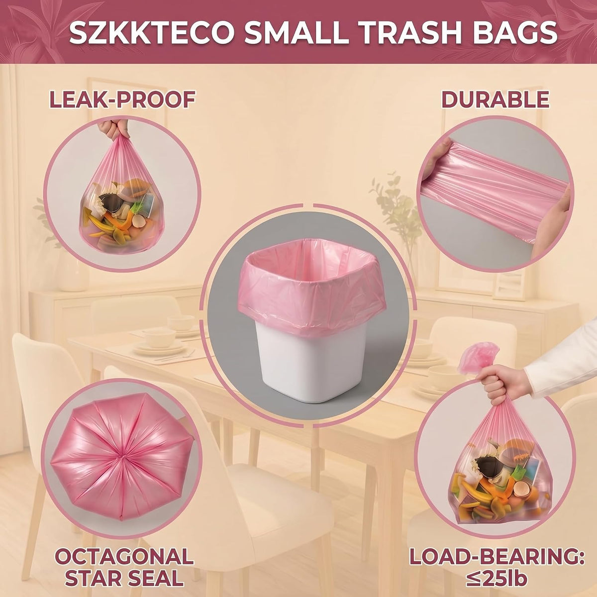 Heavy Duty 2.6 Gallon Small Trash Bags, 100 Count (5 Rolls), Pink
