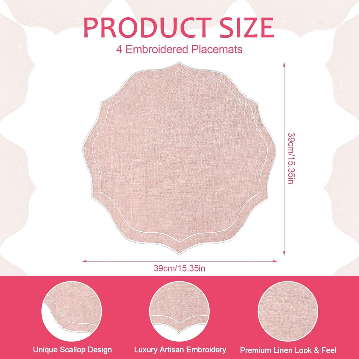 Set of 8 Cotton Linen Placemats, 15x15 Round Scalloped Cloth Table Mats, Embroidery Machine Washable, Wrinkle Resistance Fabric Place Mats for Wedding Summer Baby Shower Party Table Decor-Pink