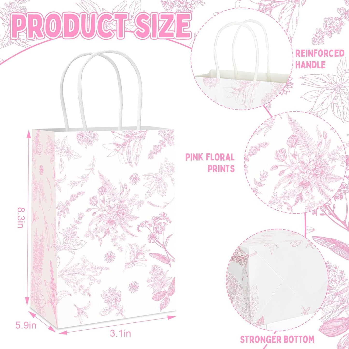 Gueevin 24 Pcs Pink Floral Gift Bags Bulk Flower Party Small Paper Bags with Handles Decorative Packaging Goodie Candy Treat Pouches for Wedding Birthday Tea Party, 5.9 x 8.3 x 3.1 Inch