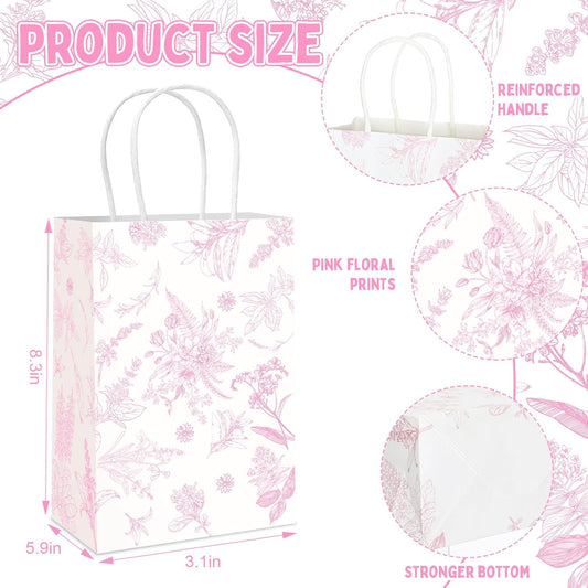 Gueevin 24 Pcs Pink Floral Gift Bags Bulk Flower Party Small Paper Bags with Handles Decorative Packaging Goodie Candy Treat Pouches for Wedding Birthday Tea Party, 5.9 x 8.3 x 3.1 Inch