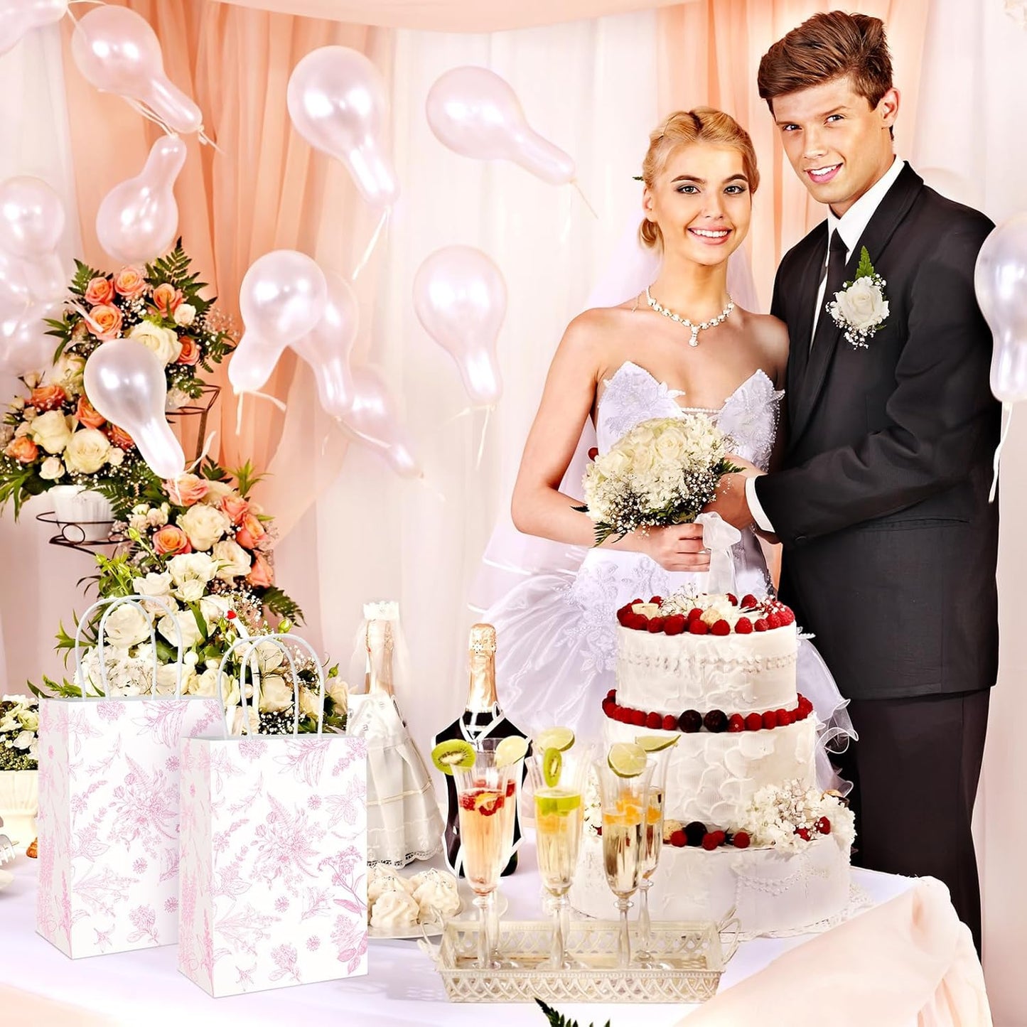 Gueevin 24 Pcs Pink Floral Gift Bags Bulk Flower Party Small Paper Bags with Handles Decorative Packaging Goodie Candy Treat Pouches for Wedding Birthday Tea Party, 5.9 x 8.3 x 3.1 Inch