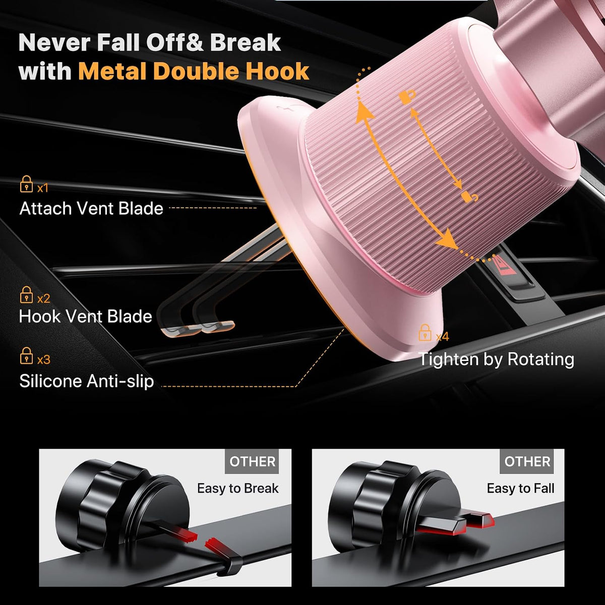 Phone Holders for Your Car with Metal Hook Clip, Cell Phone Mounts Air Vent Cell Phone Stand Car Mount, Universal Automobile Cradle Fit for iPhone Android and All Smartphones (Pink)