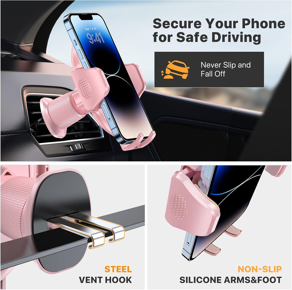Phone Holders for Your Car with Metal Hook Clip, Cell Phone Mounts Air Vent Cell Phone Stand Car Mount, Universal Automobile Cradle Fit for iPhone Android and All Smartphones (Pink)