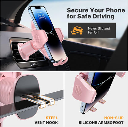 Phone Holders for Your Car with Metal Hook Clip, Cell Phone Mounts Air Vent Cell Phone Stand Car Mount, Universal Automobile Cradle Fit for iPhone Android and All Smartphones (Pink)