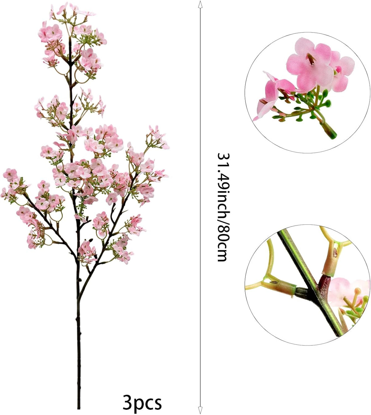 3Pcs Cherry Blossom Branches Pink Artificial Flowers for Spring Summer Indoor Decoration Faux Cherry Blossom Long Stems Silk Fake Flowers for Tall Vase Arrangements Home Wedding Party Table