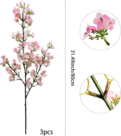 3Pcs Cherry Blossom Branches Pink Artificial Flowers for Spring Summer Indoor Decoration Faux Cherry Blossom Long Stems Silk Fake Flowers for Tall Vase Arrangements Home Wedding Party Table