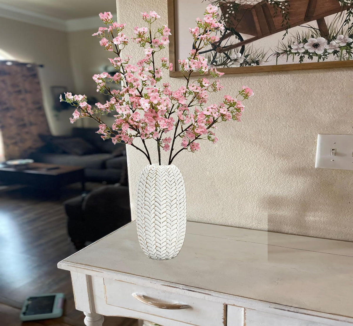 3Pcs Cherry Blossom Branches Pink Artificial Flowers for Spring Summer Indoor Decoration Faux Cherry Blossom Long Stems Silk Fake Flowers for Tall Vase Arrangements Home Wedding Party Table