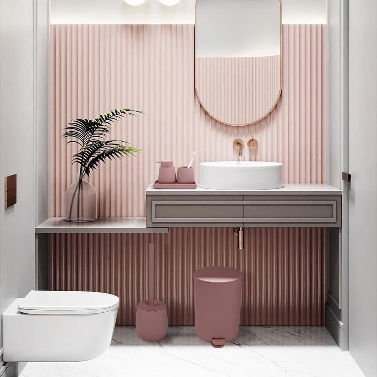 Pink Bathroom Accessories Set with Small Trash Can 3 Liter/0.8 Gallon,Toothbrush Holder,Soap Dispenser,Vanity Tray,Toilet Brush and Holder Pink 5PCS