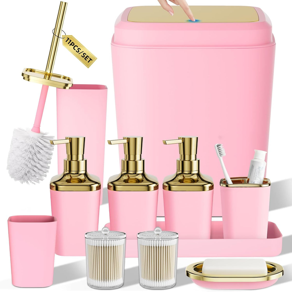 Bathroom Set - 11PC Bathroom Accessory Set, Bathroom Accessories Set, Pink Bathroom Set, Push-lid Trash Can, 3PC Soap Dispensers, Toilet Brush & Q-tip Holders