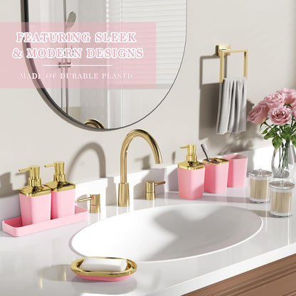 Bathroom Set - 11PC Bathroom Accessory Set, Bathroom Accessories Set, Pink Bathroom Set, Push-lid Trash Can, 3PC Soap Dispensers, Toilet Brush & Q-tip Holders