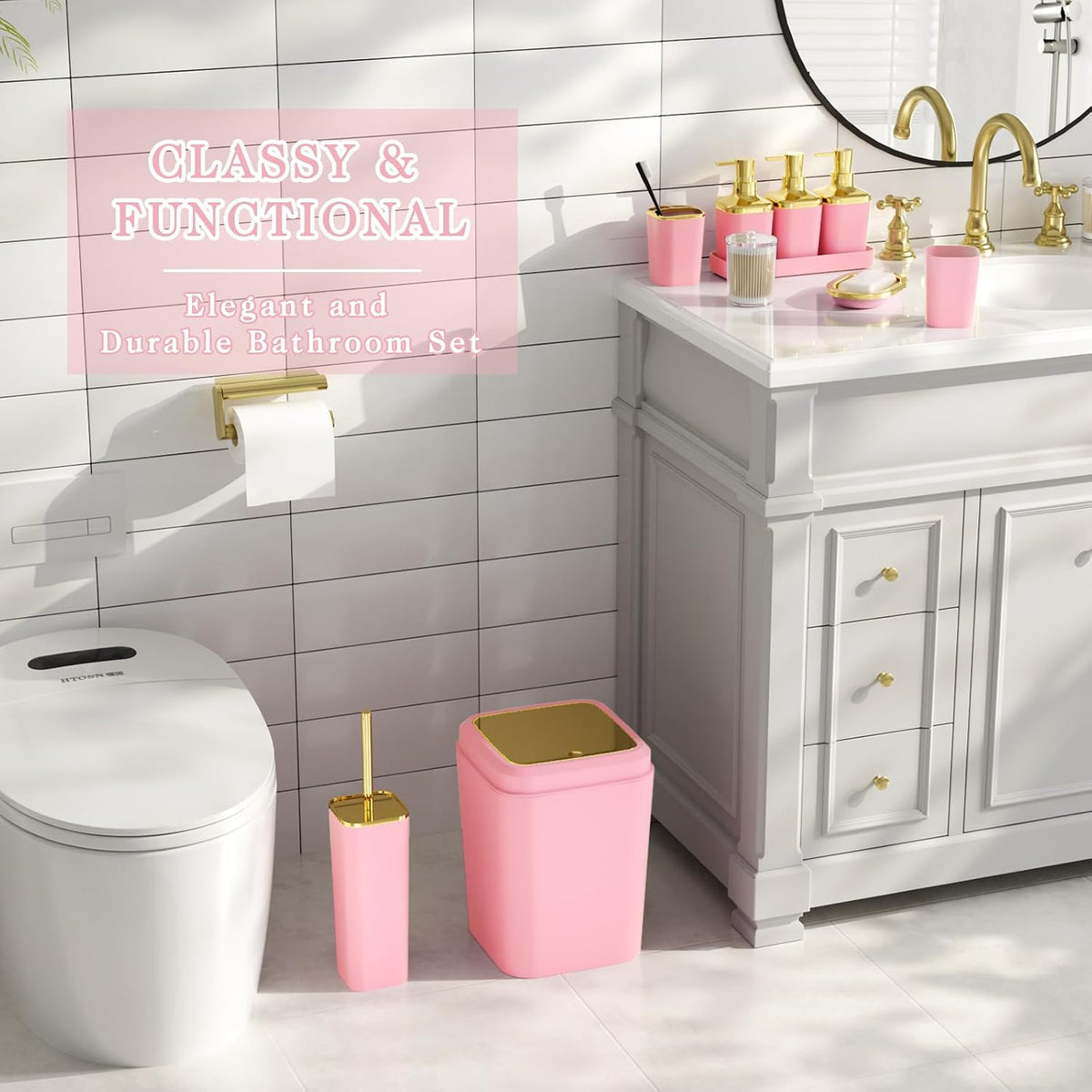 Bathroom Set - 11PC Bathroom Accessory Set, Bathroom Accessories Set, Pink Bathroom Set, Push-lid Trash Can, 3PC Soap Dispensers, Toilet Brush & Q-tip Holders