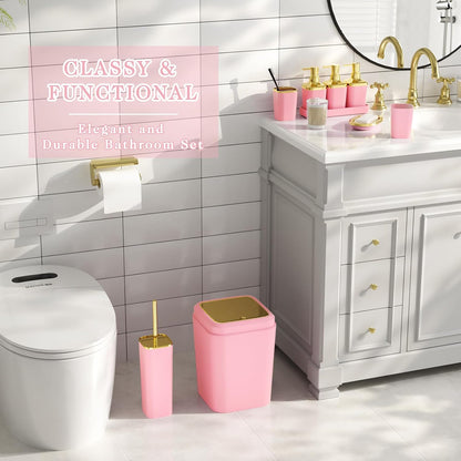 Bathroom Set - 11PC Bathroom Accessory Set, Bathroom Accessories Set, Pink Bathroom Set, Push-lid Trash Can, 3PC Soap Dispensers, Toilet Brush & Q-tip Holders